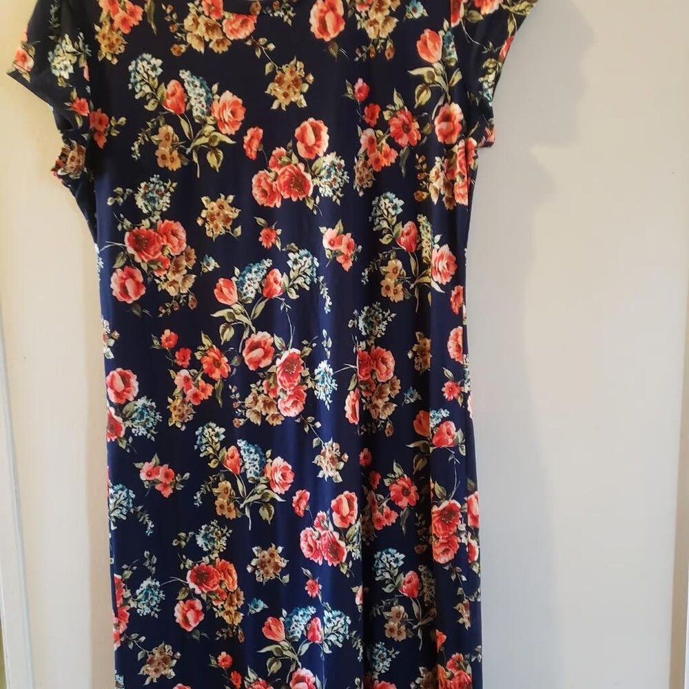 Womens acting pro navy blue red floral roses maxi length dress large